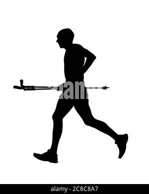 Mountain Marathon Skyrunning. Schwarze Silhouette Mann Athlet mit Trekking Stöcken Stockfoto