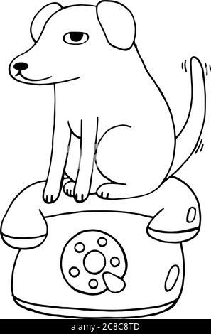 Hund sitzt am Telefon.Malvorlagen für Erwachsene und Kinder. Doodle Zeichentrickfilm. Vektorgrafik Stock Vektor