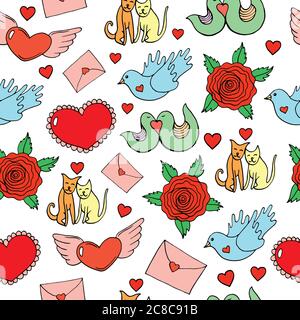 Valentinstag nahtloses Muster mit Herzen, Vögel, Katzen, Rosen und Buchstaben. Doodle Cartoon Hintergrund. Vektorgrafik Stock Vektor