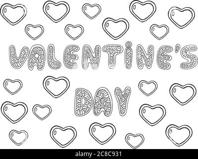 Valentinstag - Wort Schriftzug Malseite. Doodle Cartoon handgezeichnete Illustration für den Urlaub Stock Vektor