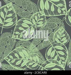 Impressum Blätter - nahtlose Muster. Grüne Blätter auf dunkelgrauem Hintergrund. Vektorgrafik Stock Vektor