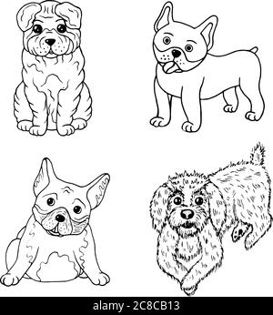 Cartoon Hunde Färbung Seite. Isolierte Set-Sammlung mit Doodle Haustiere. Vektorgrafik Stock Vektor