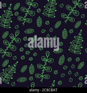 Waldbeeren und Blätter - Doodle nahtlose Muster. Grüne Elemente auf dunklem Hintergrund. Vektorgrafik Stock Vektor