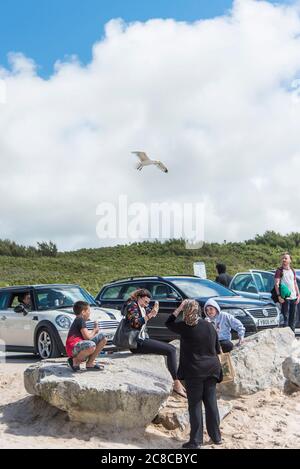 Eine Möwe, die über den Urlaubern am Fistral in Newquay in Cornwall fliegt. Stockfoto