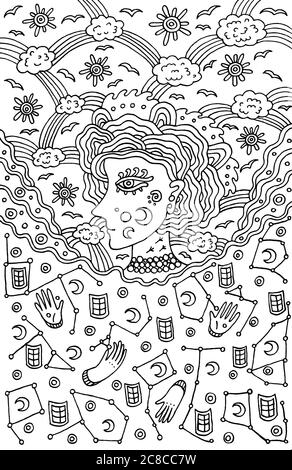 Surreale Mädchen Göttin der Nacht und Tag Himmel. Stammes Märchen wom Stock Vektor