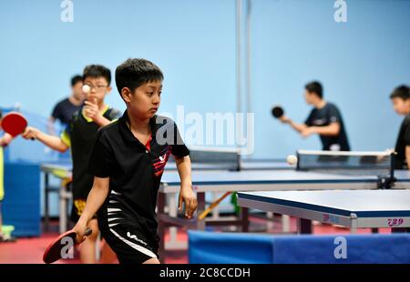 Tianjin, China. Juli 2020. Kinder besuchen während der Sommerferien im pko Sports Complex in Tianjin, Nordchina, am 23. Juli 2020 einen Tischtenniskurs. Der PKO Sports Complex, der aus einer ehemaligen Fabrik für ausrangierte Zwecke wurde, bietet Einrichtungen wie einen Käfigfußballplatz, eine Basketballhalle, eine Tischtennishalle und ein Kampfkunstklassenzimmer. Er bietet sowohl Sportplätze für die Bewohner in der Nähe als auch mehrere Sporttrainingskurse für die Schüler im Urlaub. Kredit: Li Ran/Xinhua/Alamy Live Nachrichten Stockfoto