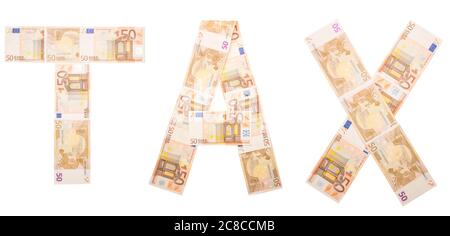 Mwst. Wort in Banknoten. Wort Kurtaxe von Euro-Banknoten. Stockfoto