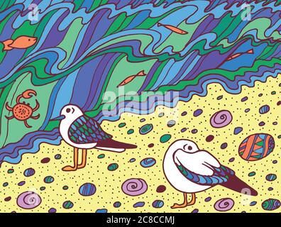 Cartoon Doodle Kunstwerk mit Möwe und Meereswellen. Vektorillust Stock Vektor