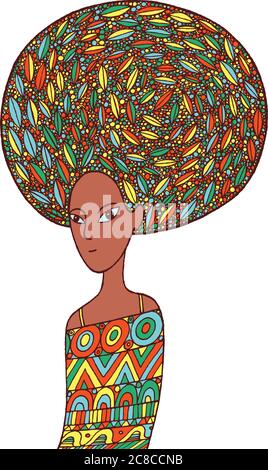 Afrikanische Frau in einem ethnischen Kleid. Doodle Cartoon Mode illustrr Stock Vektor