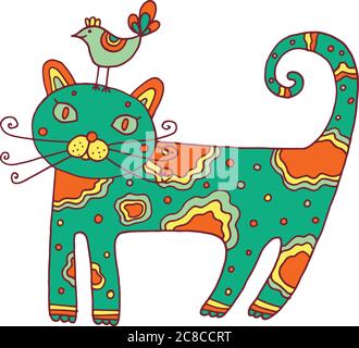 Kind s gezeichnete Katze mit Vogel. Isolierte Doodle Cartoon Skizze Linie A Stock Vektor