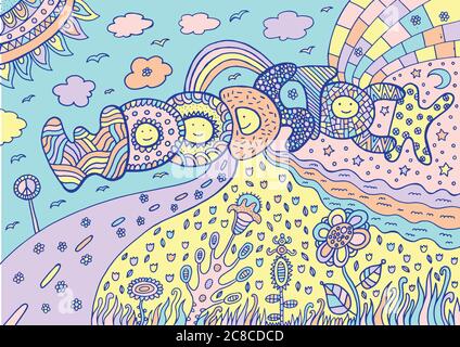 Pastellfarbene Kunstwerke mit Wort woodstock und Sommerlandschaft. Stock Vektor
