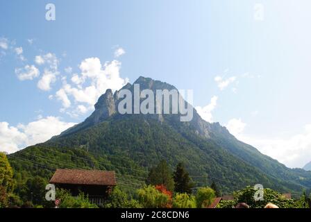 Schweizer Berg umgeben von Bäumen Stockfoto