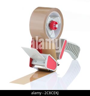 Paketbandspender mit brauner Bandrolle auf weißem Hintergrund Stockfoto
