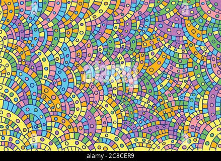 Neon bunte Kreise, Wellen und Streifen. Doodle grafische Zeichnung Stock Vektor