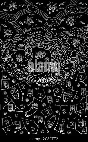 Surreale Mädchen Göttin der Nacht und Tag Himmel. Stammes Märchen wom Stock Vektor