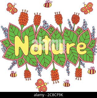 Natur Wort - bunte Schrift Kunst. Doodle Cartoon Artwork. Ve Stock Vektor