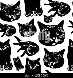 Nahtloses Muster mit Tusche Grafik-Elemente - Katzen. Vektorillust Stock Vektor