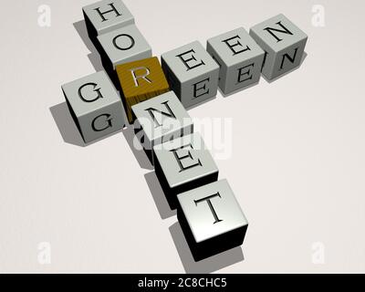 Kreuzworträtsel aus grüner Hornisse, angeordnet durch kubische Buchstaben auf einem Spiegelboden, Konzept Bedeutung und Präsentation. Hintergrund und Illustration. 3D-Illustration Stockfoto