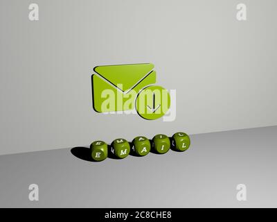 3D-Darstellung von E-Mail mit Symbol an der Wand und Text angeordnet durch metallische kubische Buchstaben auf einem Spiegelboden für Konzept Bedeutung und Diashow-Präsentation. Illustration und Business Stockfoto