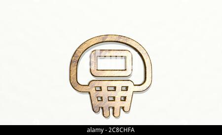 Basketballkorb an der Wand. 3D-Illustration von metallischen Skulptur auf einem weißen Hintergrund mit milder Textur. Wettbewerb und Sport Stockfoto