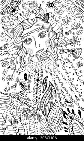 Flower Woman - Ausmalbilder für Erwachsene. Surreale Fantasie-Kritzeln Stock Vektor