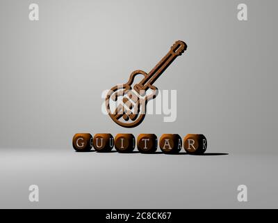 3D-Grafik-Bild der Gitarre vertikal zusammen mit Text von metallischen kubischen Buchstaben aus der oberen Perspektive gebaut, ausgezeichnet für das Konzept Präsentation und Diashows. Illustration und Hintergrund Stockfoto