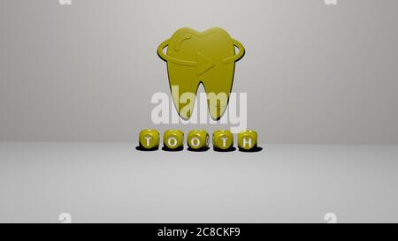 3D-Darstellung von Zahn mit Symbol an der Wand und Text angeordnet durch metallische kubische Buchstaben auf einem Spiegelboden für Konzept Bedeutung und Diashow-Präsentation. Zahn und Illustration Stockfoto