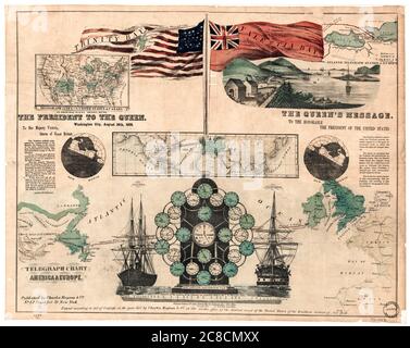 Vintage-Infografik, die die Route des ersten Transatlantic Telegraph Cable über den Atlantik zeigt, von Charles Magnus & Co, 16. August 1858 Stockfoto