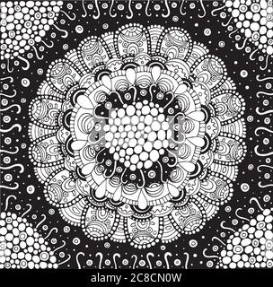 Psychedelisches Blumenmandala mit Nachthimmel Hintergrund - Antistres Stock Vektor