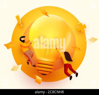 3d-Geschäftsleute mit Big Light Bulb Idee. Innovation, Brainstorming, Kreativitätskonzept. Charaktere, die gemeinsam an einem neuen Projekt arbeiten. Vektorgrafik Stock Vektor