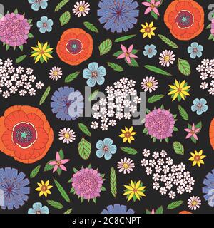 Feldblumen - nahtloses Muster. Doodle Cartoon Blumen endlos Stock Vektor