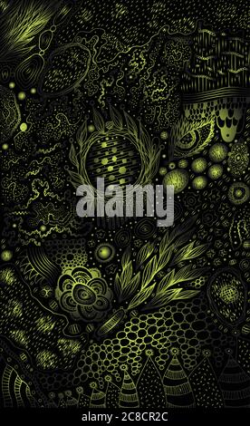 Golden auf schwarz - Doodle-Muster für Hintergrund. Abstrakte psychedelische mystische Skizze. Vektorgrafik Stock Vektor