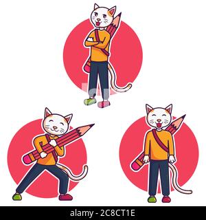 Katze Mit Bleistift Vektor Maskottchen Illustration Stock Vektor