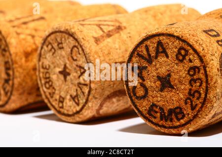 Cava Wein Korkstopfen isoliert auf weißem Hintergrund Stockfoto