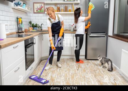 Zwei Frauen putzen die Küche. Eine Frau wäscht den Boden und die andere die Fenster Stockfoto