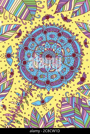 Blume, Blätter, Fliegen und Himmel - fantastischer psychedelischer Hintergrund in gelben und blauen Farben. Handgezeichnete Abbildung. Vektorgrafik Stock Vektor