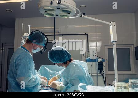 Weitblick eines Teams von vier Chirurgen, die im Dunkeln ODER im Krankenhaus an einem Patienten operieren Stockfoto