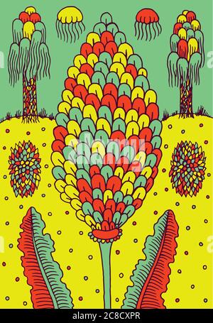 Psychedelische Kunst mit Blumenwiese. Handgezeichnete Zeichnung mit Doodle. Vektorgrafik Stock Vektor