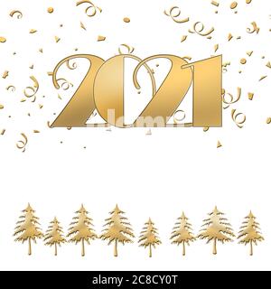 2021 Frohes neues Jahr Frohe Weihnachten Gold Text auf weißem Hintergrund mit goldenen weihnachtsbäumen und Konfetti. Elegantes Gold 2021 mit Licht. Minimalistische Textvorlage. Platz kopieren, Modell nach oben. 3D-Illustration Stockfoto