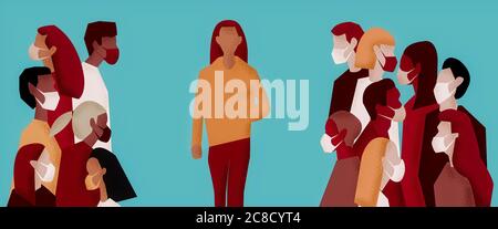 Menschen mit Schutzmasken. Anti-covid-19-Maßnahmen. Coronavirus, wie man sich mit sozialer Distanzierung schützt. Virusverbreitung wirkt entgegen Stockfoto