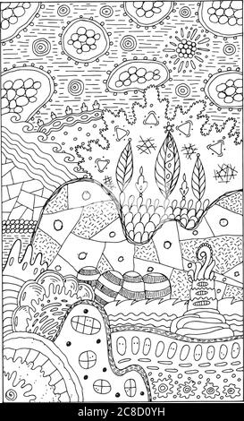 Fantasy-Landschaft mit surrealen Häusern und Bäumen. Psychedelisch fantastische Malvorlagen für Erwachsene. Vektorgrafik Stock Vektor