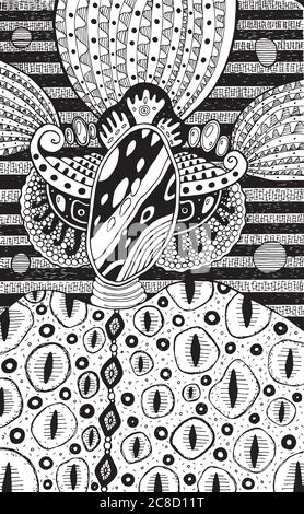 Außerirdische Kreatur - surreal fantastische Tuschezeichnung. Handgezeichnete psychedelische Illustration. Vektorgrafiken Stock Vektor