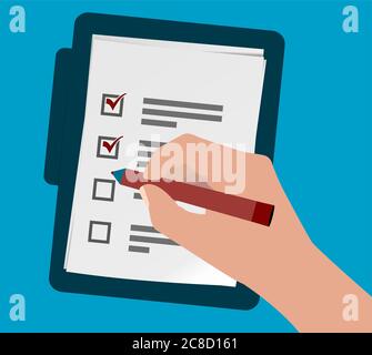 Oben eine Ansicht der Person, die die Checkliste abhaken oder einen Fragebogen mit Vektordarstellung des Stifts verwenden Stock Vektor