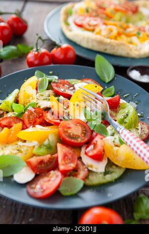 Farbenfroher Caprese-Salat aus frischen Tomaten und Mozzarella-Käse Stockfoto