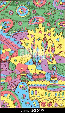 Fantasy-Landschaft mit surrealen Häusern und Bäumen. Psychedelisch fantastische Multicolor-Grafik. Vektorgrafik Stock Vektor