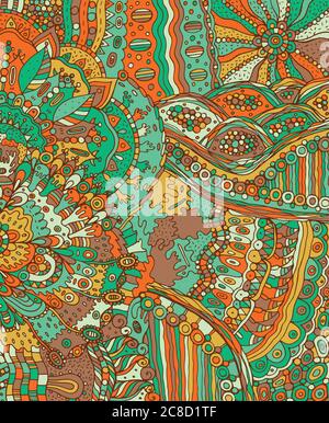 Sommer-Doodle-Landschaft. Fantastische handgezeichnete psychedelische bunte Cartoon-Kunstwerk. Vektorgrafik Stock Vektor