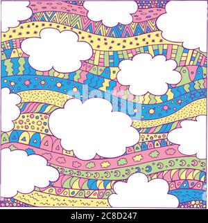 Himmel und Wolken - farbenfrohe Illustration. Doodle handgezeichnete Kunst. Cartoon Hintergrund. Vektorgrafik Stock Vektor