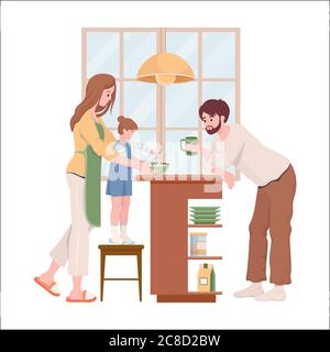 Familie Alltag Vektor flache Illustration. Glückliche Mutter, Vater und Tochter in bequemen Kleidern Kochen Pfannkuchen oder Kuchen für das Wochenende Frühstück zusammen in der Küche. Stock Vektor