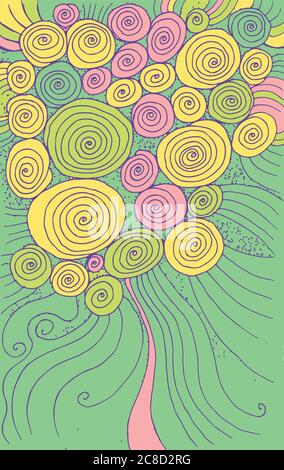 Doodle Cartoon Hintergrund mit Kreisen und Spiralen. Handgezeichnetes Strukturdesign. Bunte psychedelische abstrakte Zeichnung. Vektorgrafiken Stock Vektor