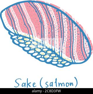 Sushi Sake Lachs Skizze Farbe Illustration. Nigiri mit dem Fisch und Reis. Japanische Meeresfrüchte. Vektorgrafik Stock Vektor